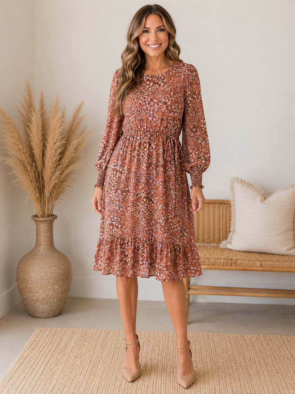 Orange Creek XL Floral Tie Waist Ruffle Mini Dress Long Sleeve Boho Cottagecore
